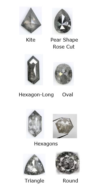 Pictures of 8 different Salt and Pepper diamonds, Round, Oval, Triangle, Hexagons, long square.Pear, Kite Pictures of 8 different Salt and Pepper diamonds, Round, Oval, Triangle, Hexagons, long square.Pear, Kite